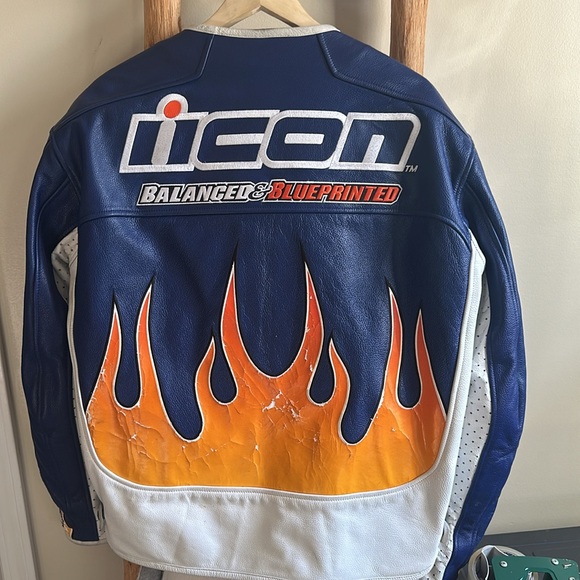 ICON | Jackets & Coats | Rare Icon Flame Blue White Leather Patch ...
